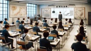AI-generated illustration of students in a modern Japanese classroom