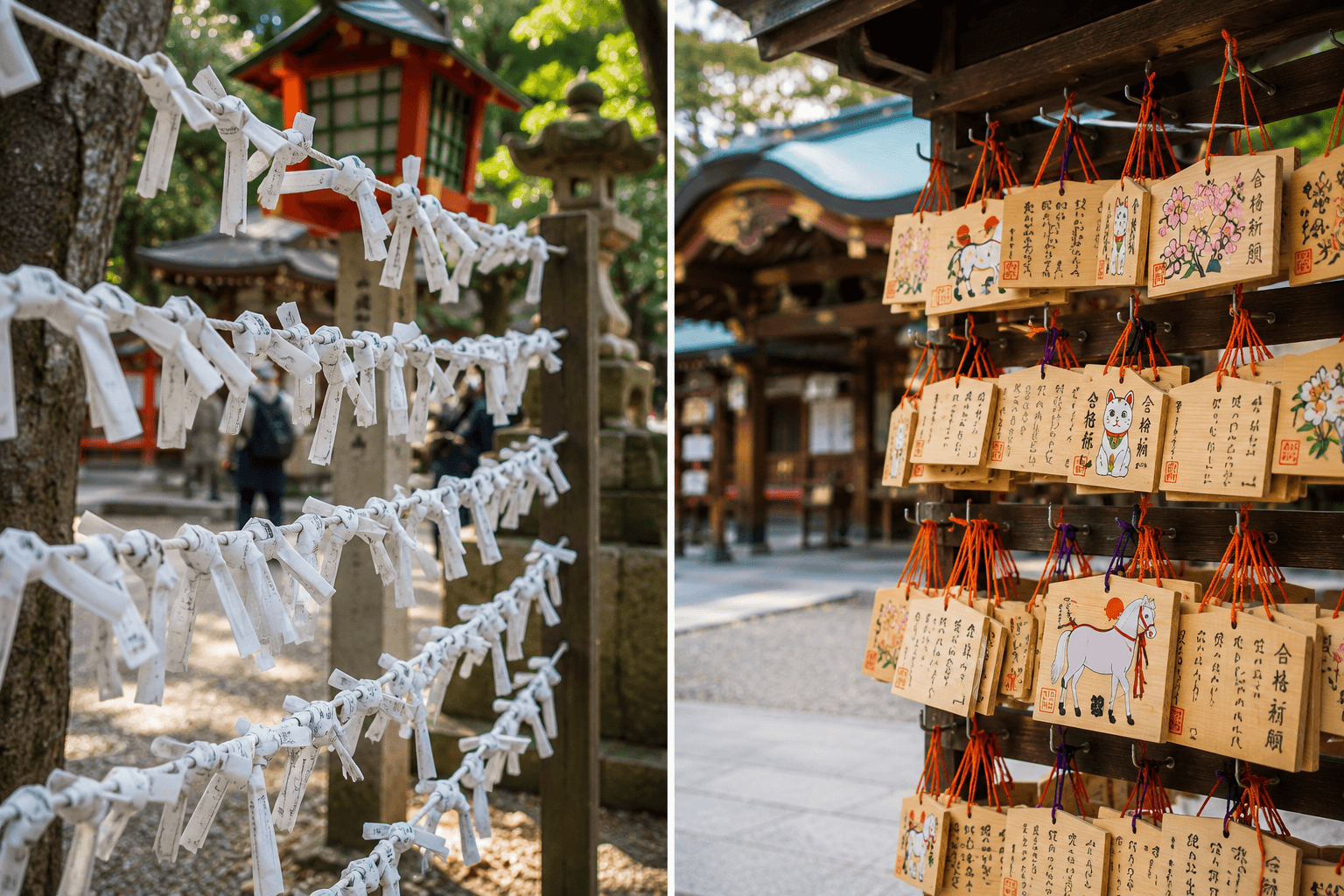 Tied omikuji papers and wooden ema wish plaques at a Japanese shrine