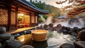 Outdoor Japanese onsen hot spring with a wooden bucket and rising steam