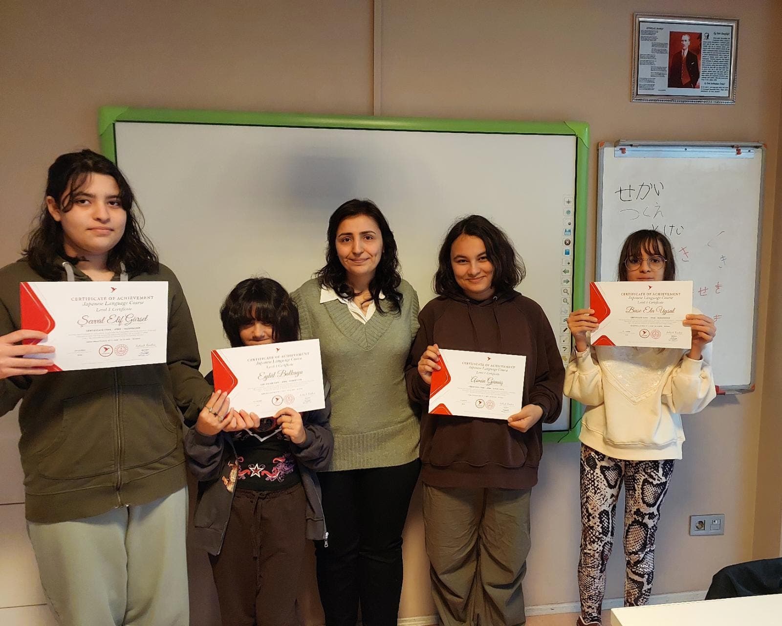 Students and their teacher showing Japanese course certificates
