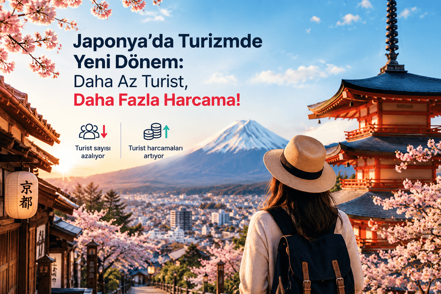 Graphic on fewer tourists but more spending in Japan, a hatted tourist facing Mount Fuji and a pagoda