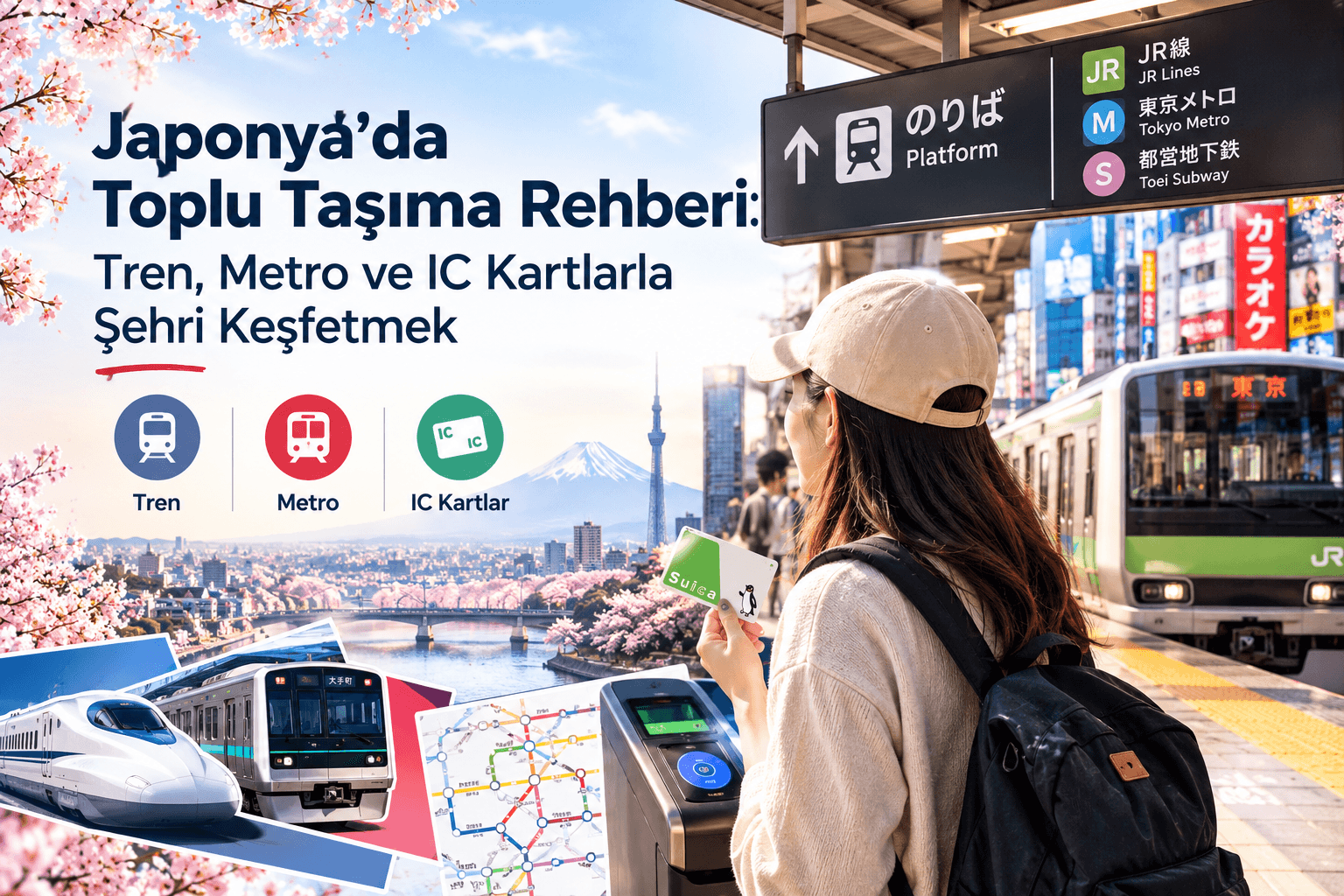 Japonya'da toplu taşıma rehberi görseli: peronda Suica kart tutan sırt çantalı yolcu, JR treni, metro haritası ve Fuji Dağı