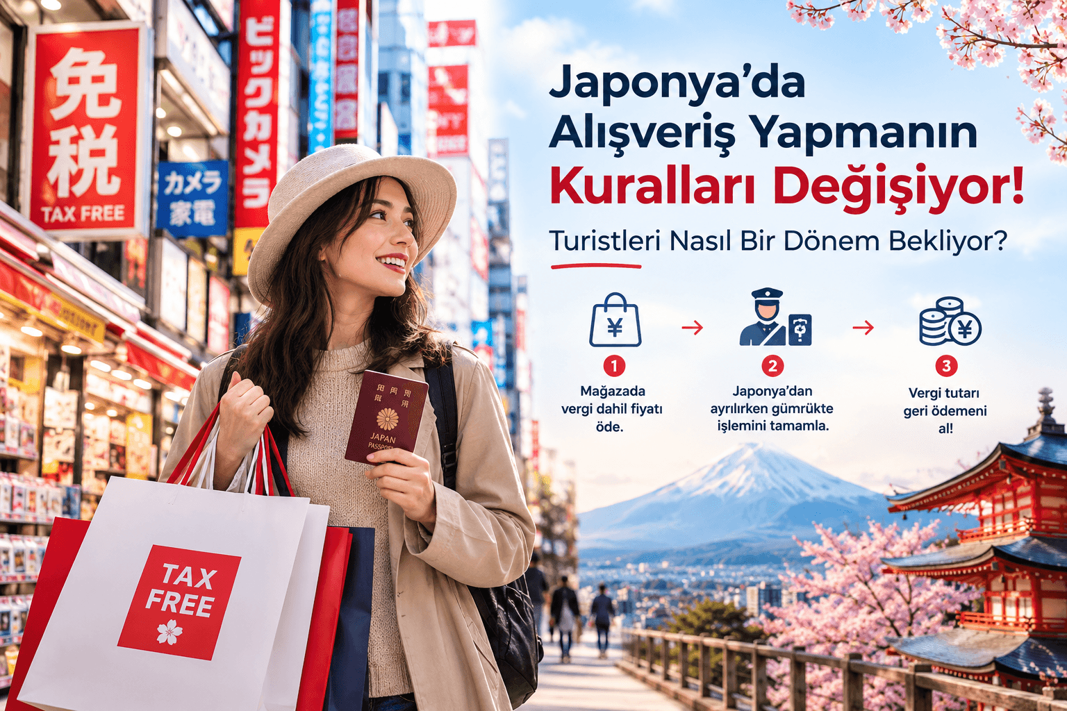 Japonya'da tax free alışverişin değişen kuralları görseli, pasaportlu ve alışveriş poşetli turist ile Fuji Dağı