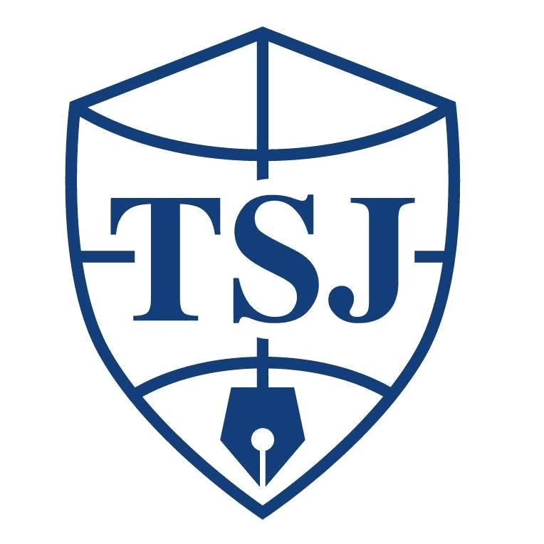 Tokyo Shinjuku Japanese Language School TSJ logosu, kalem ucu bulunan mavi kalkan