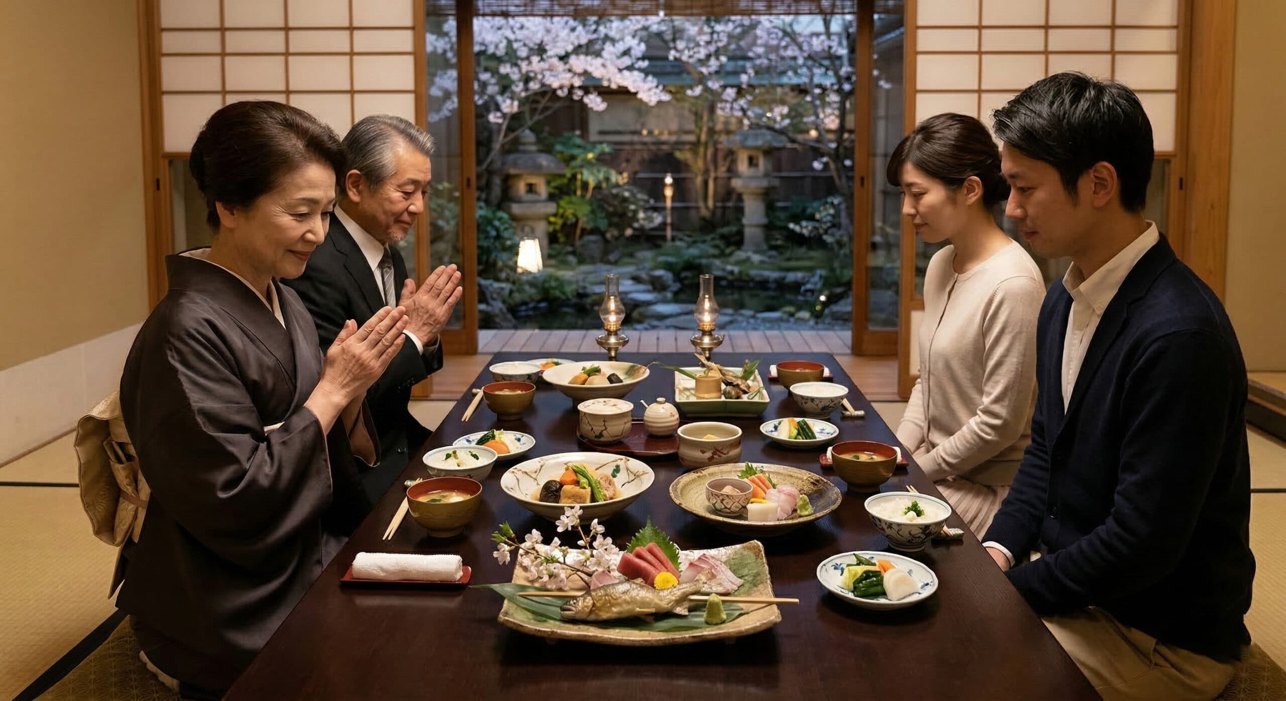 Geleneksel bir odada sofra başında yemek öncesi dua eden aile ve Japon yemekleri