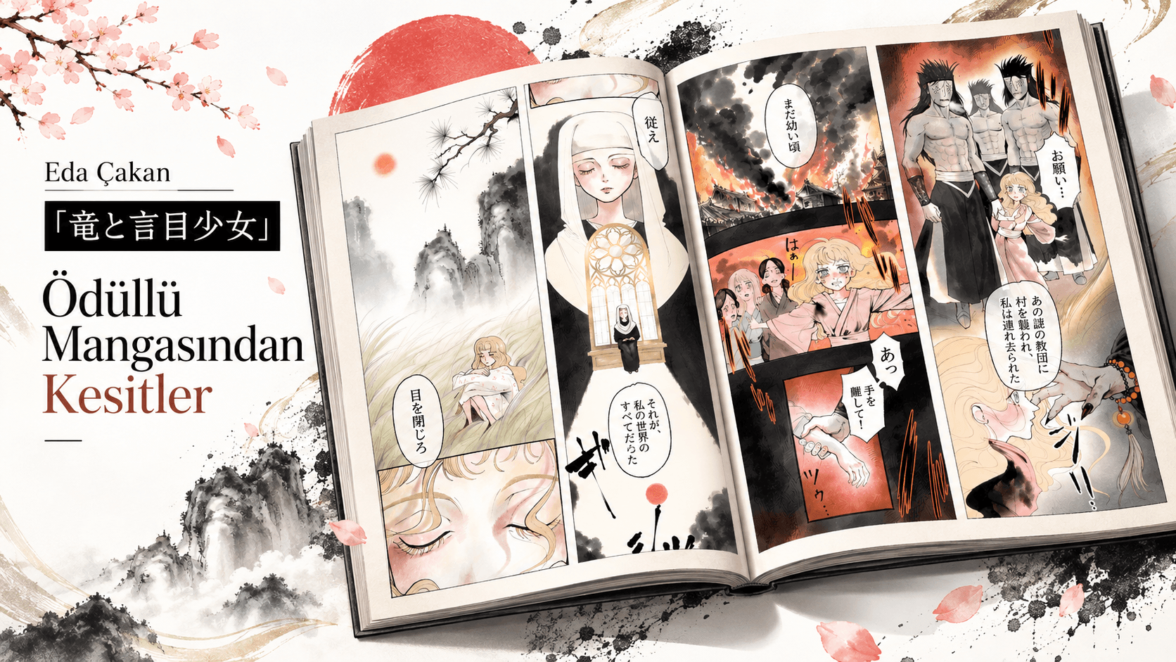 Open book showing pages from Edusama student Eda Çakan's award-winning manga "The Dragon and the Blind Girl"