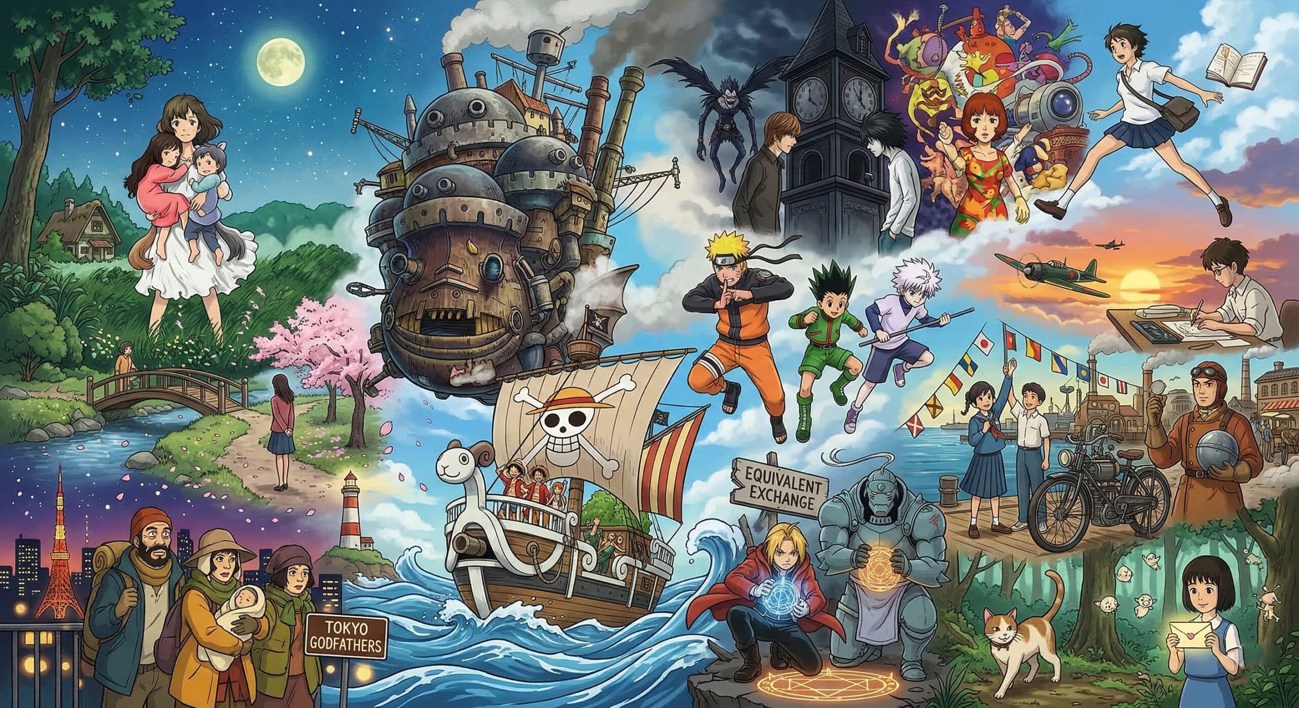Collage of characters and scenes from classic Japanese anime