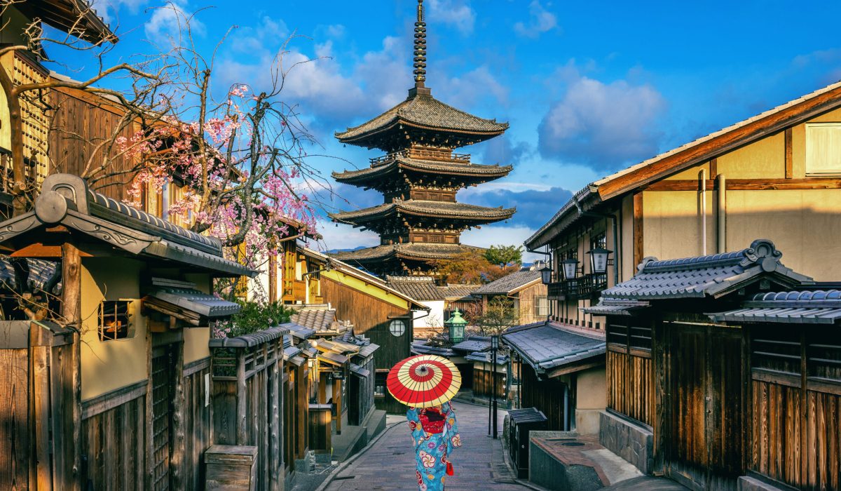 Asian woman wearing japanese traditional kimono at Yasaka Pagoda and Sannen Zaka Street in Kyoto, Japan.