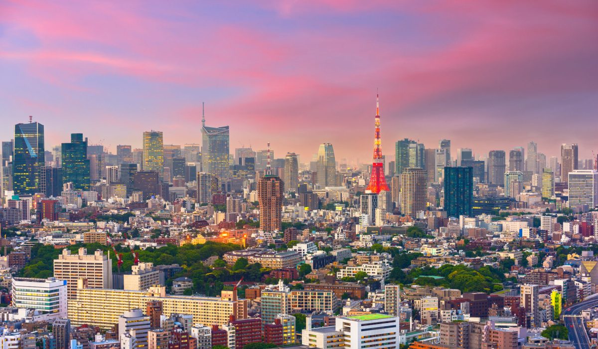 Tokyo, Japan cityscape and tower at dusk from the Ebisu district.